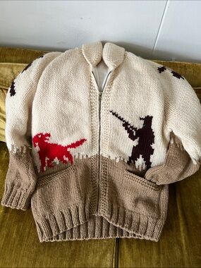 Cream and Tan Zip-Front Wool Handmade Cardigan with Hunting Scene Pheasant M/L